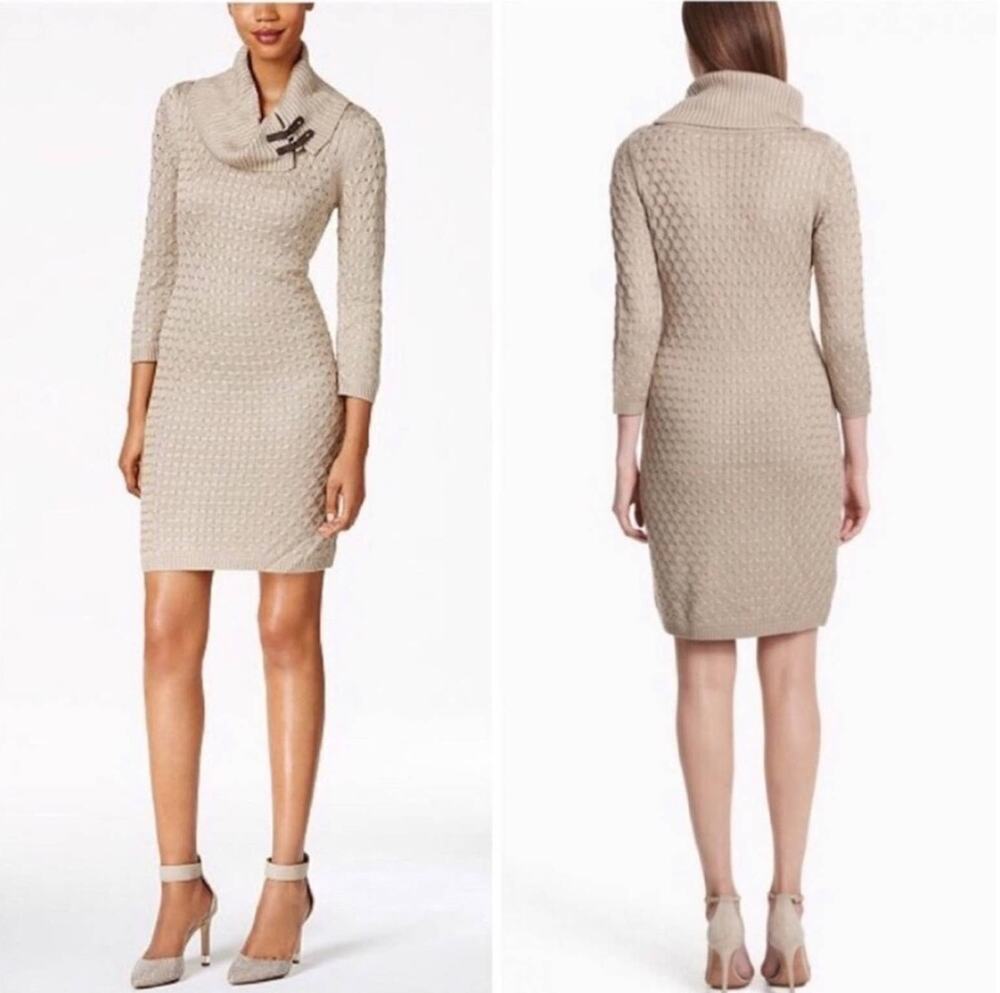 NEW Calvin Klein Tan Cream Leather Buckle Cowl Neck Bodycon Sweater Mini Dress M